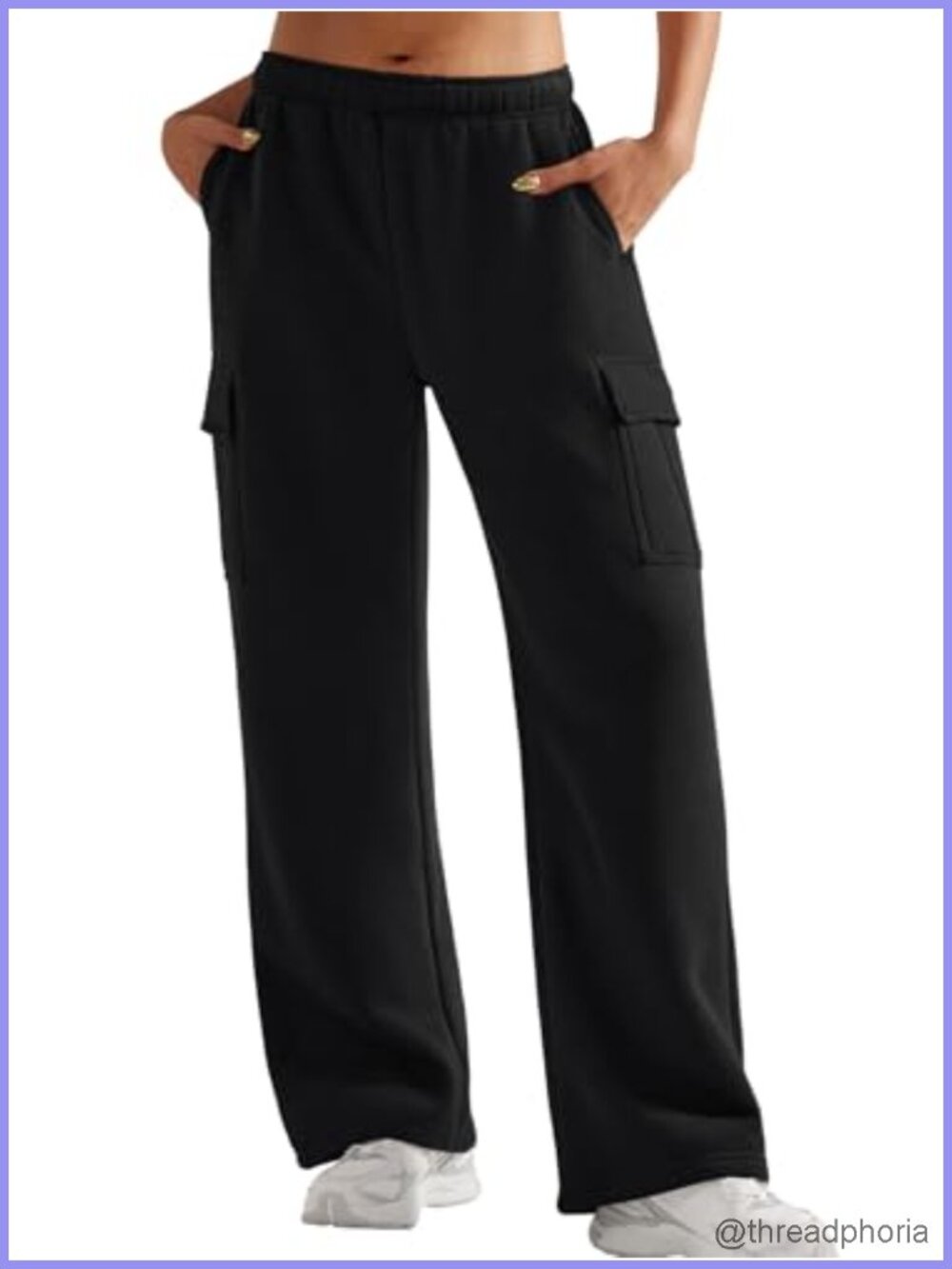 Fleece Lined Cargo Joggers Wide Leg High Waist Adjustable Pockets